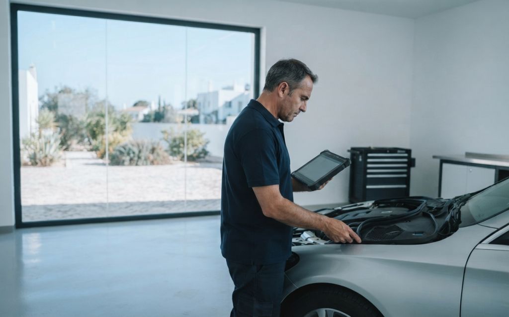 Técnico a inspecionar um carro numa oficina moderna no Algarve